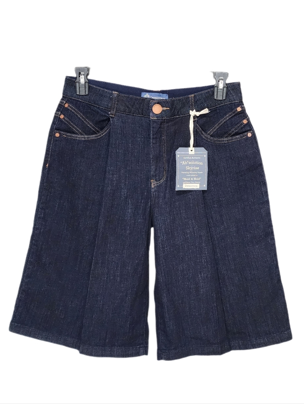 Democracy Pleated Front Relaxed Denim Bermuda Shorts Skyrise Ab Solution Indigo